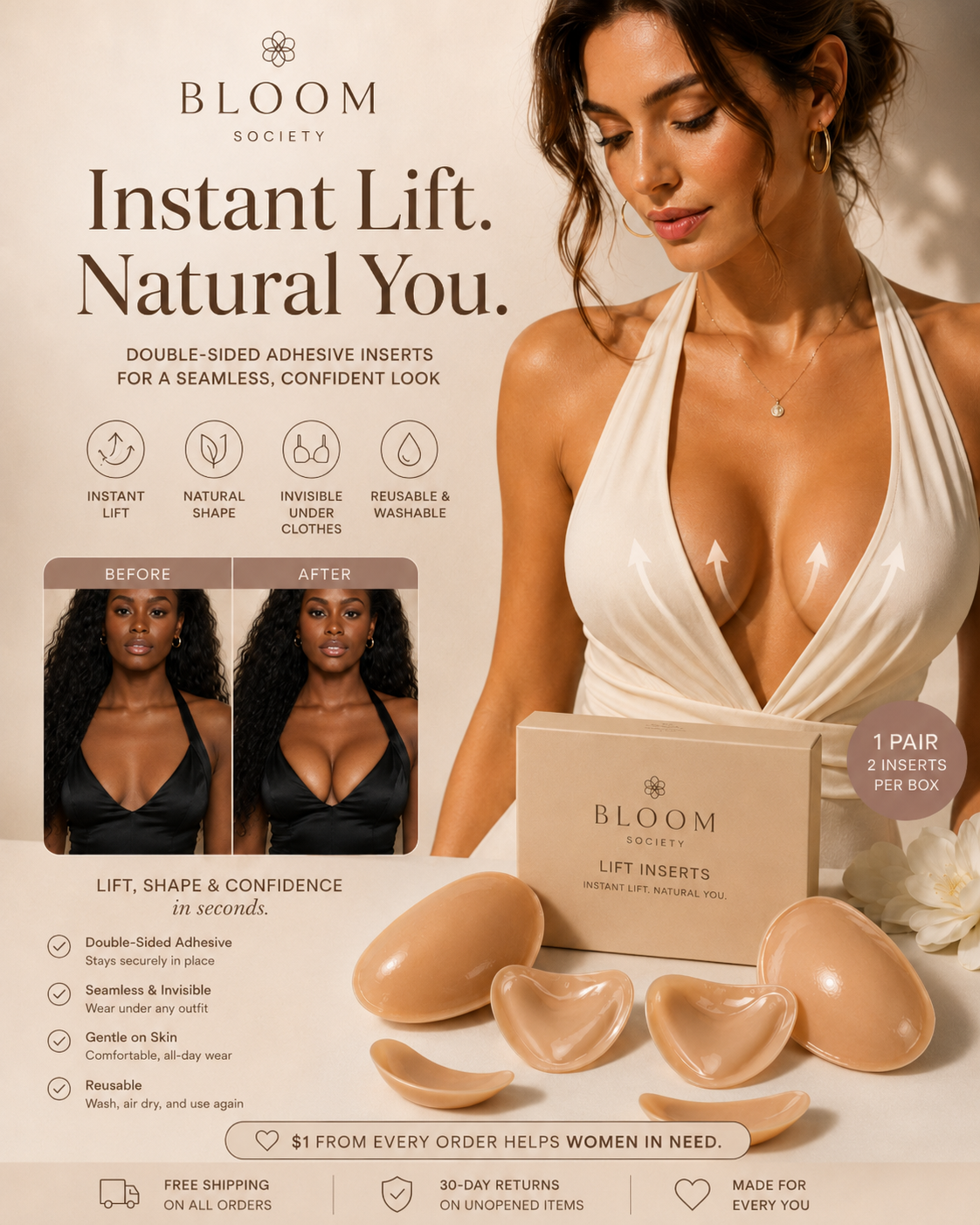 Bloom Lift™ Adhesive Bra Inserts — Reusable, Double-Sided Lift & Support