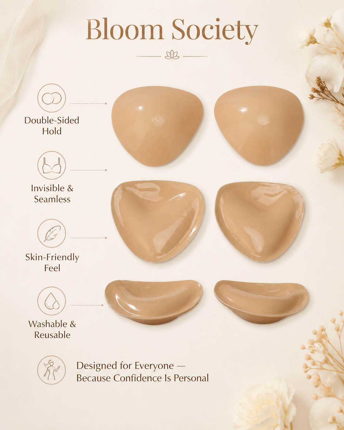 Bloom Lift™ Adhesive Bra Inserts — Reusable, Double-Sided Lift & Support